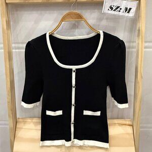 Black White Trim Jewel Button Knit Cardigan Top